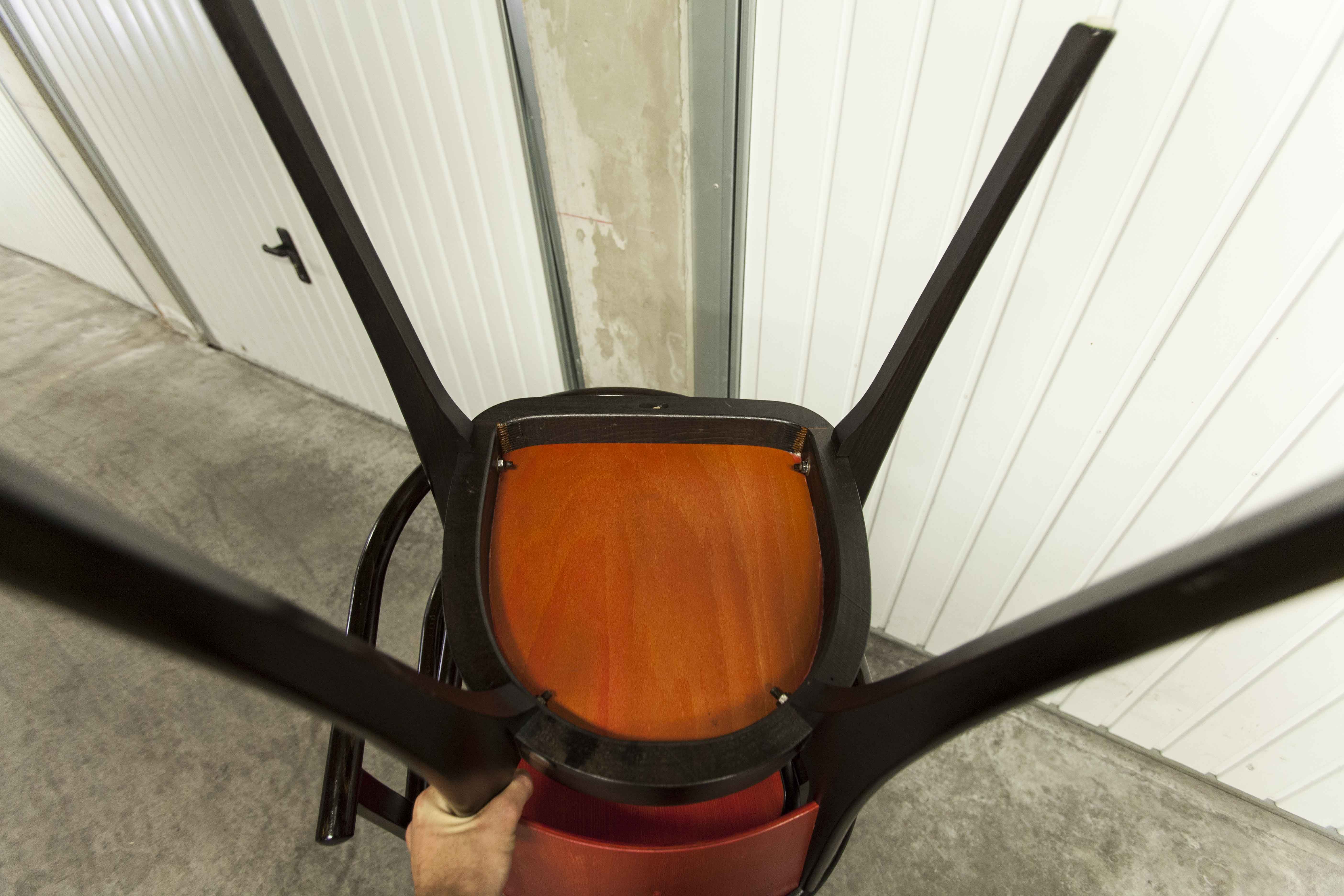 Table and 6 armchairs Baumann Diese, design Pagnon Pelhaître, Wenge color and red,