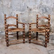 Pair of turned wooden spool armchairs, mid-20th century, France
