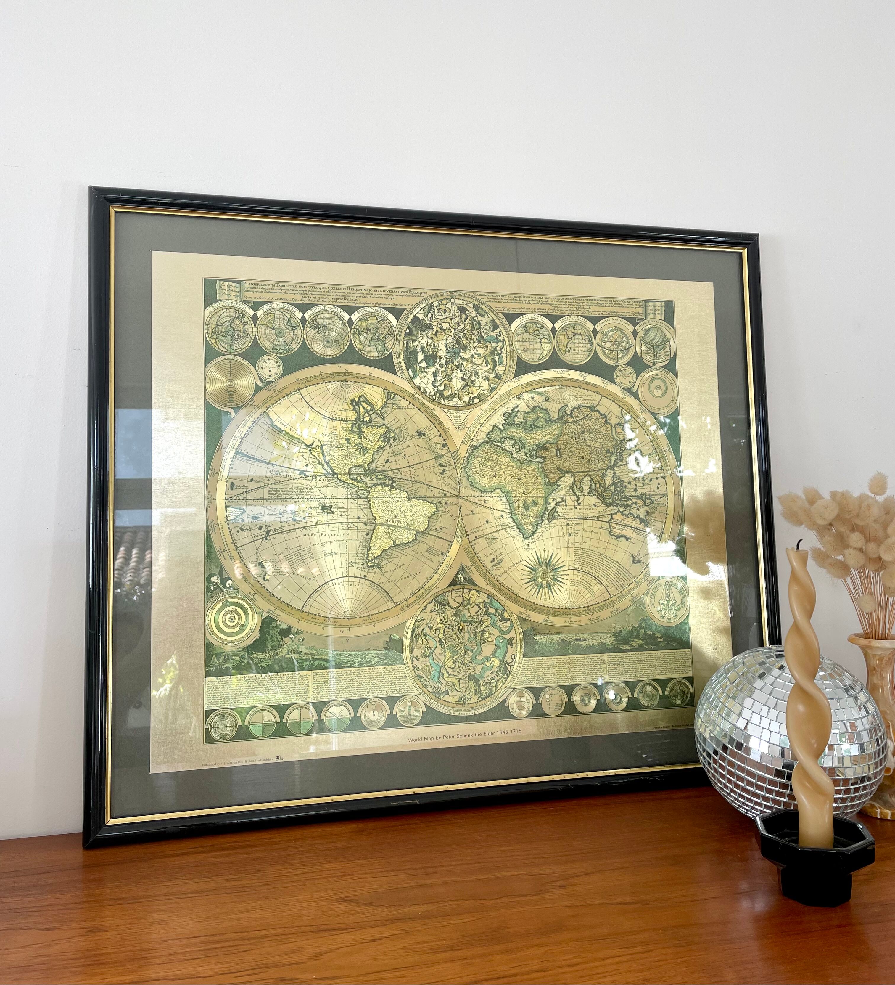 Vintage world map frame "World Map by Peter Schenk The Elder 1645-1715"