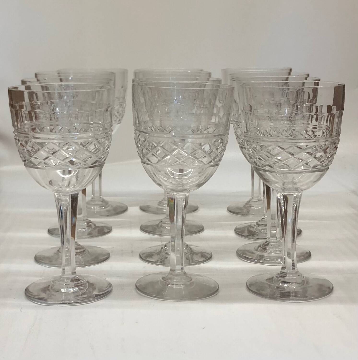 Set of 12 cut crystal stemmed glasses from the Nancy crystal factory, art deco