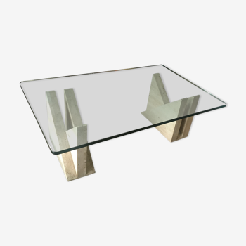 Table basse design en travertin et verre