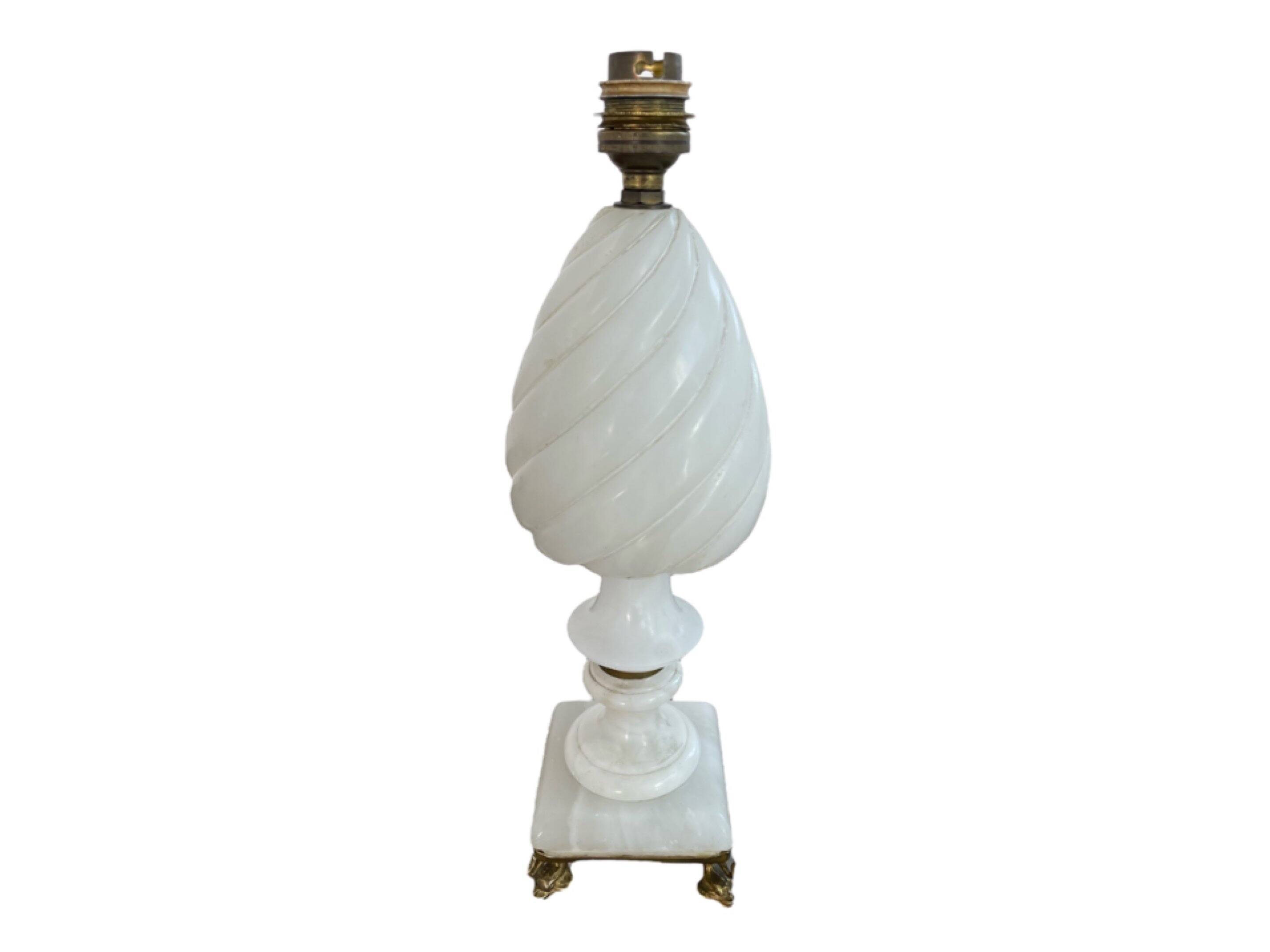 Alabaster lamp, twisted, gadroon decoration, gilded brass base, dolphins