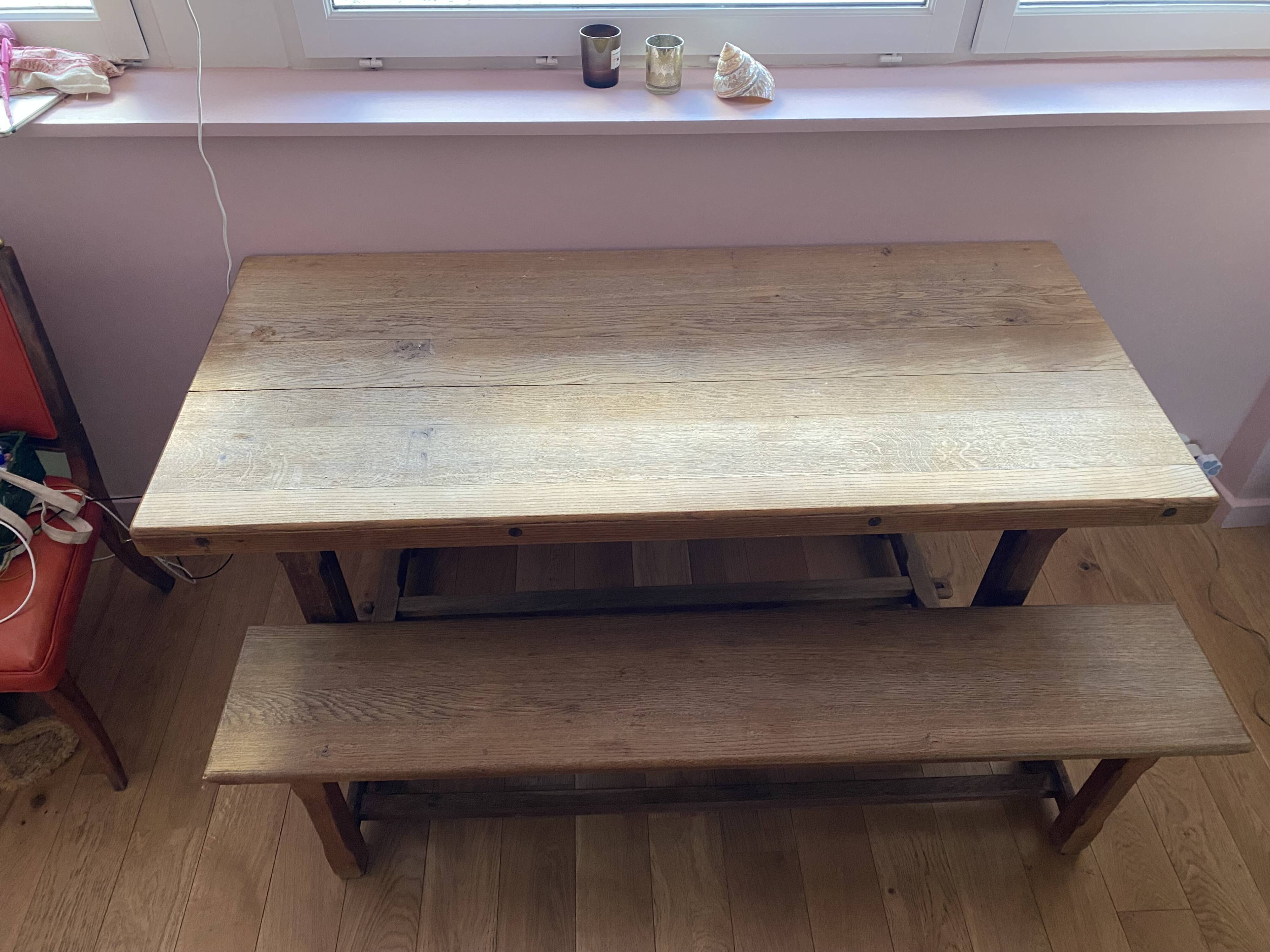 Solid elm wood farmhouse table and bench set