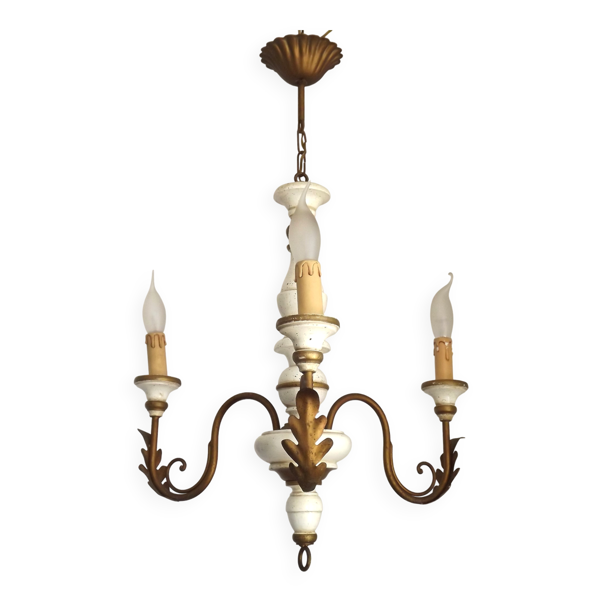 Vintage French 3-Light Chandelier White Wood & Bronzed Effect Metal