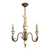 Vintage French 3-Light Chandelier White Wood & Bronzed Effect Metal