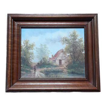 Ancien tableau huile sur toile, maison de campagne, encadrement bois massif foncé, mid-century