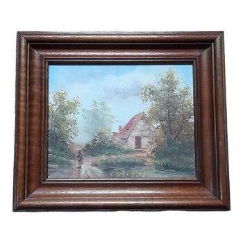 Old oil painting on canvas, country house, dark solid wood frame, mid-century