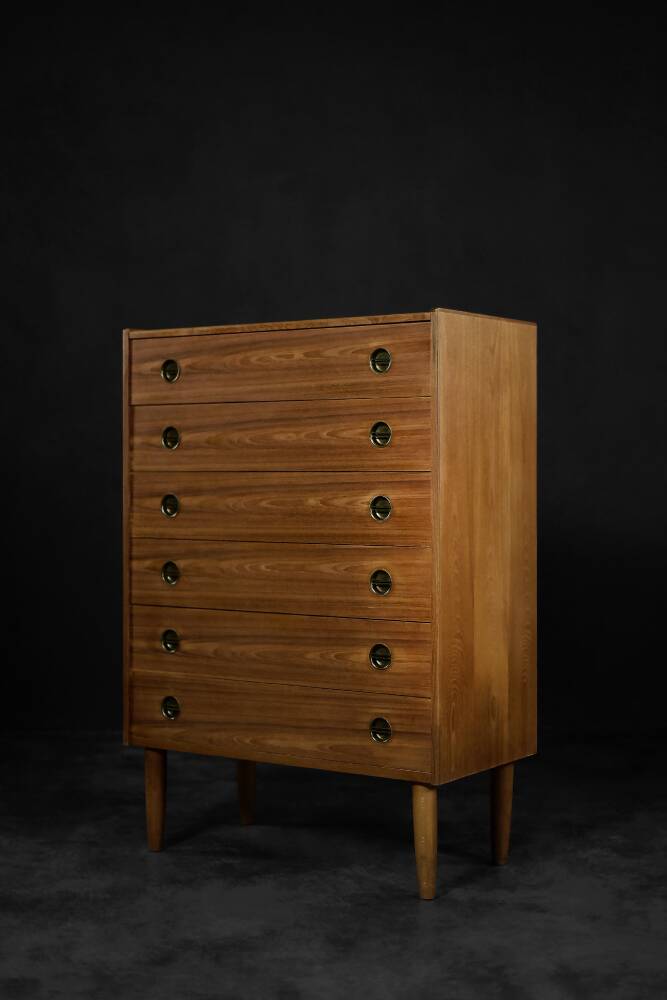 Mid-century modern Danish high chest of drawers in teak with brass handles, 1960s