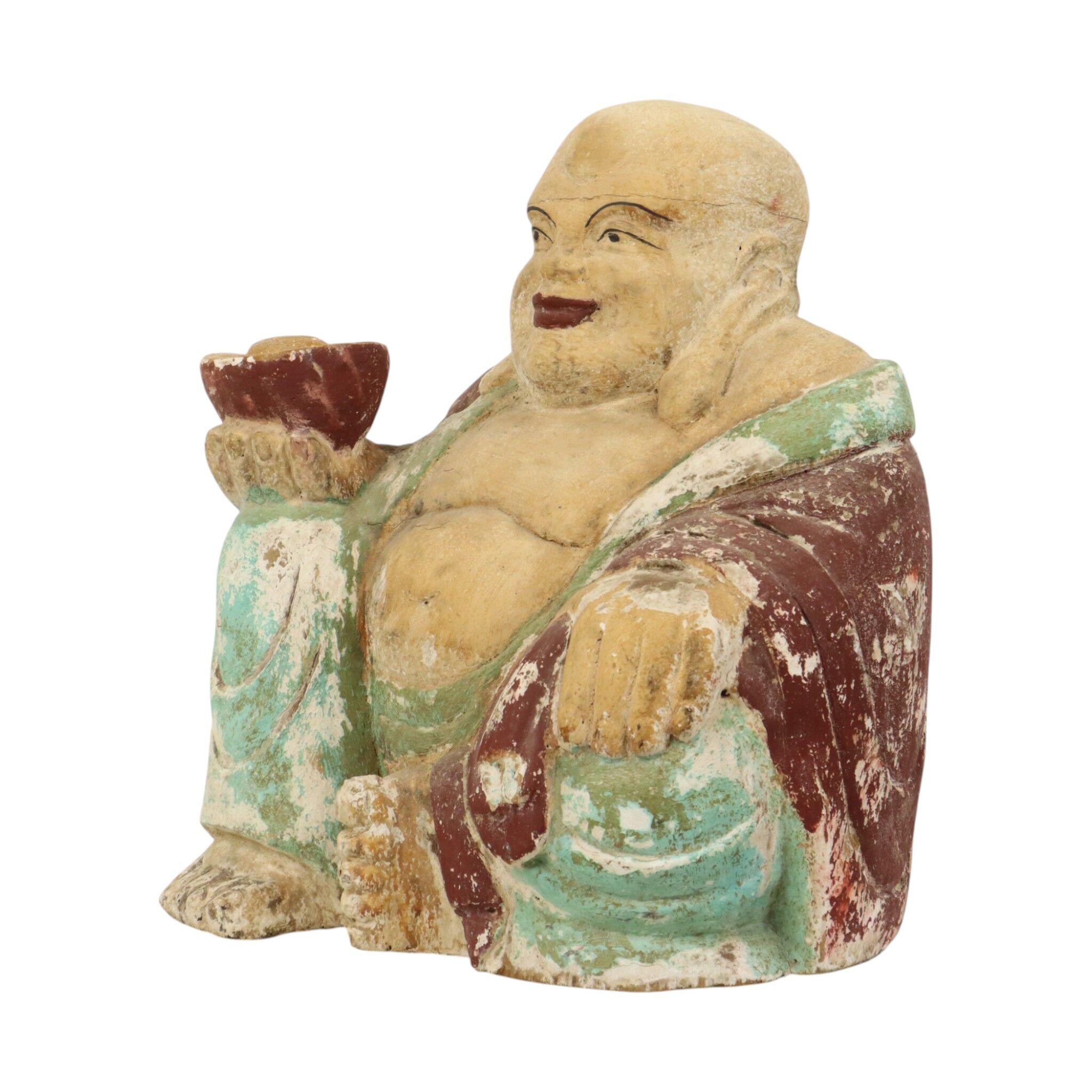 Large XL Polychrome Wooden Laughing Buddha Statue 47 cm