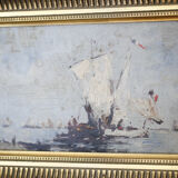 "Bateaux français sortant en mer" huile sur panneau, Bazil (XXe siècle)