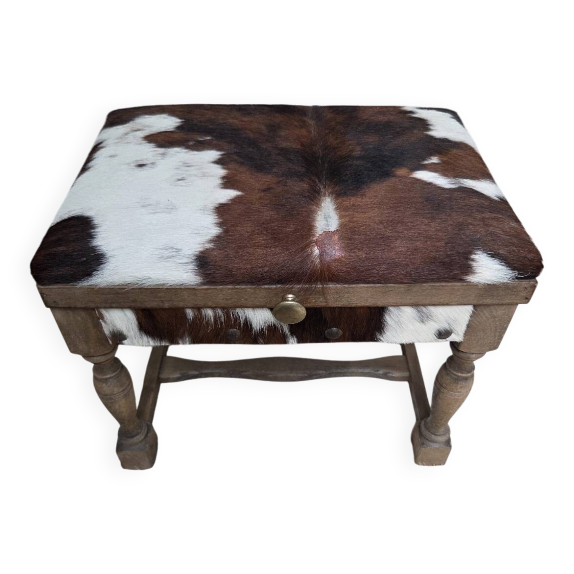 Tabouret coffre vintage en bois et peau de vache
