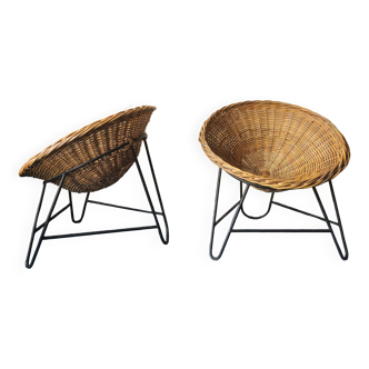 Pair of mid-century bamboo and iron pod chairs, 1960s