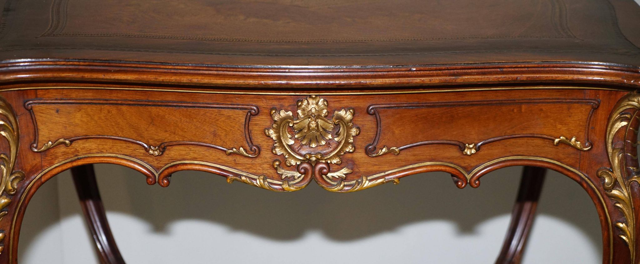 Pine desk with leather and gilding, late Victorian period around 1900.