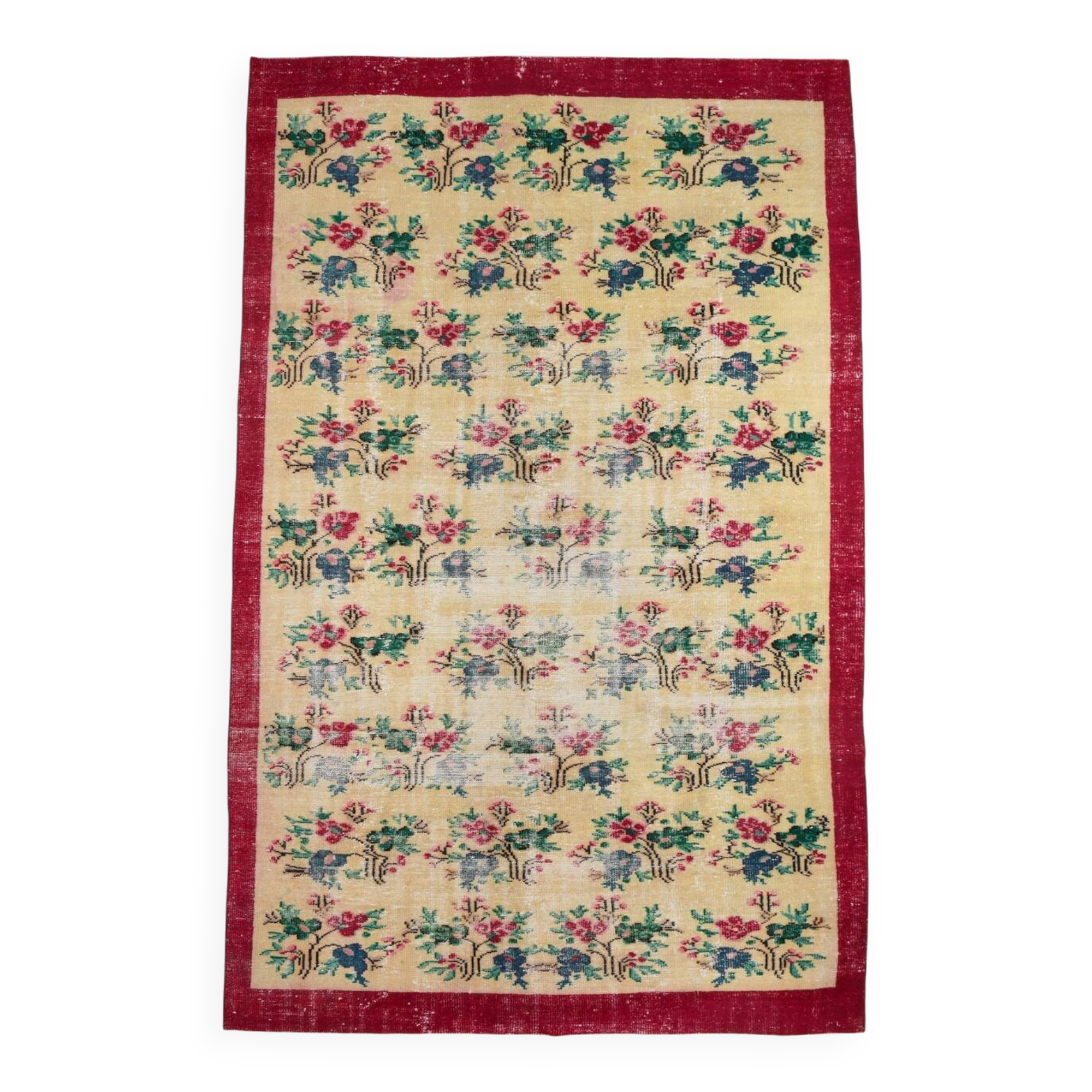 Ruby Red Vintage Floral Turkish Rug, Handmade Wool Carpet, 202x309 Cm