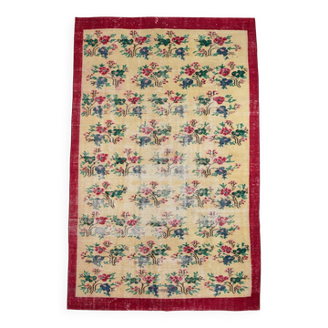 Ruby Red Vintage Floral Turkish Rug, Handmade Wool Carpet, 202x309 Cm