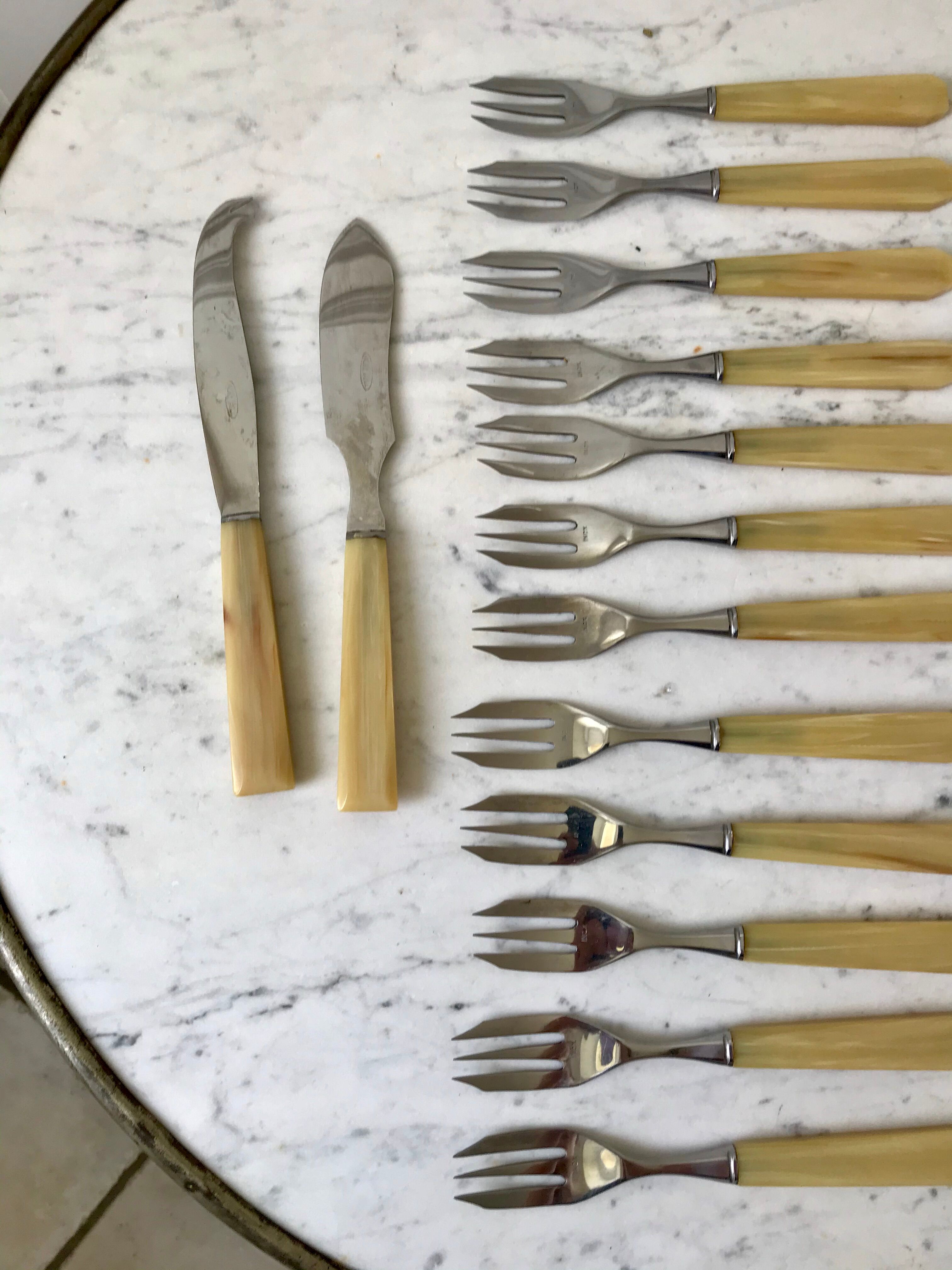 Set of 12 forks and 2 dessert serving knives in horn 60s