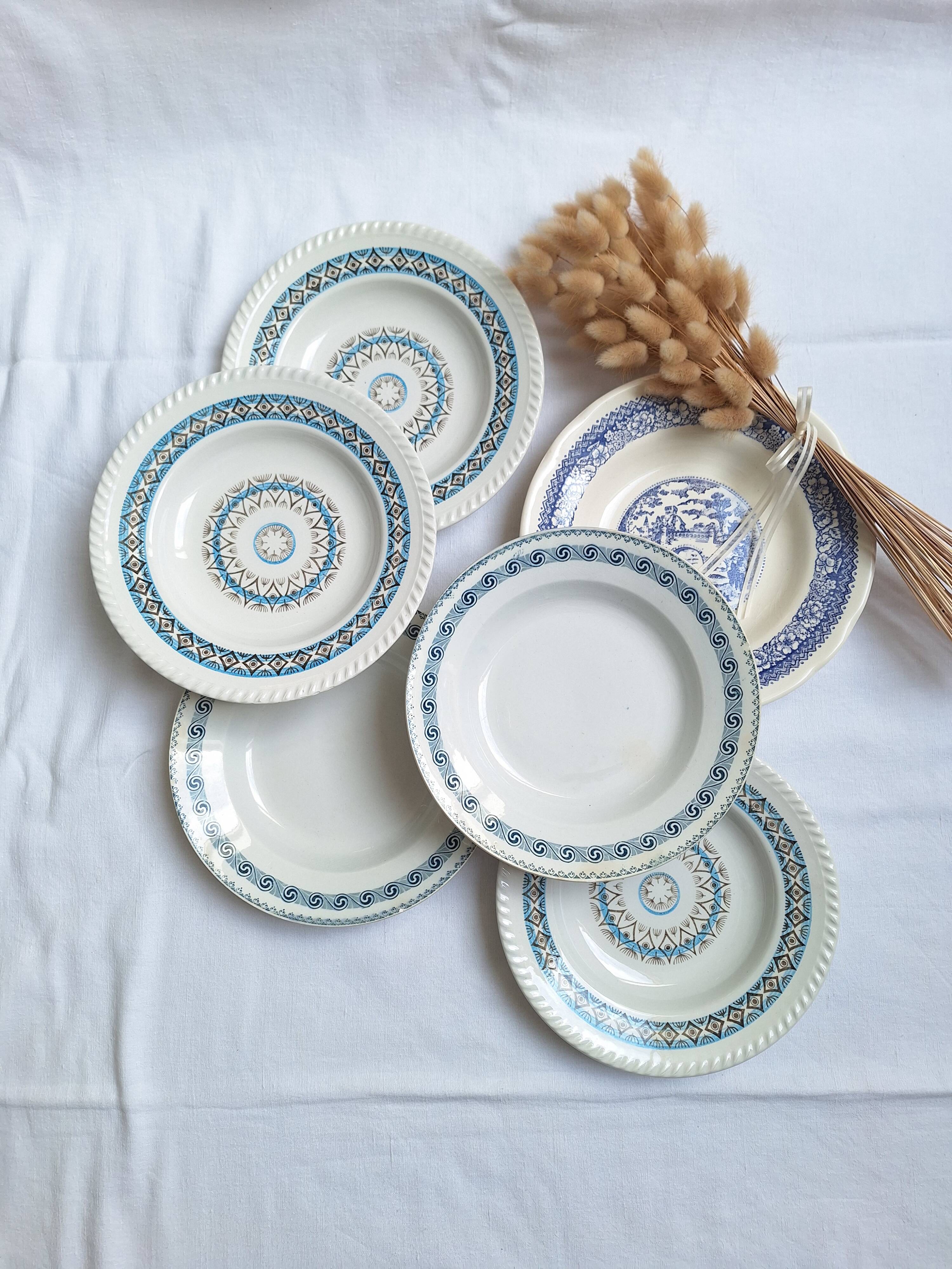 St Amand blue soup plates, Ironstone