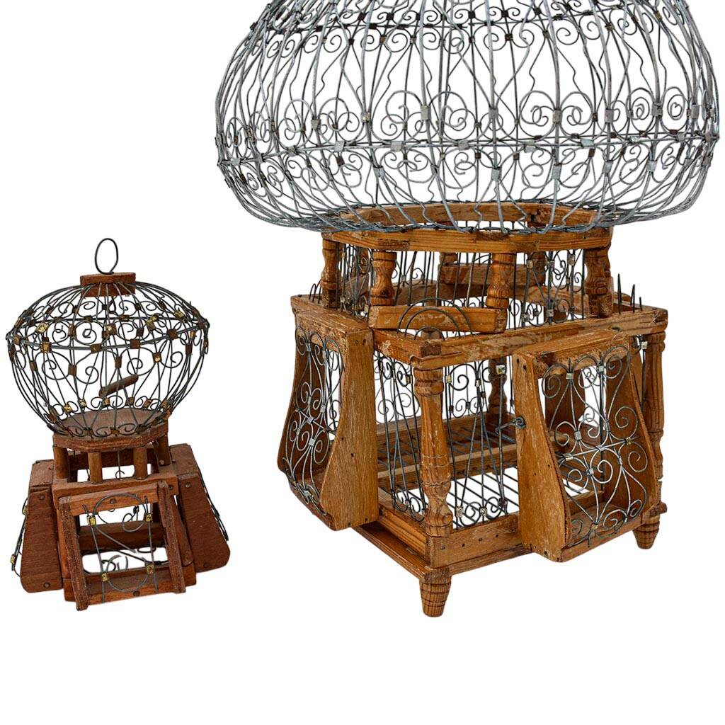 Antique Vintage Round Iron and Wood Decorative Bird Cages