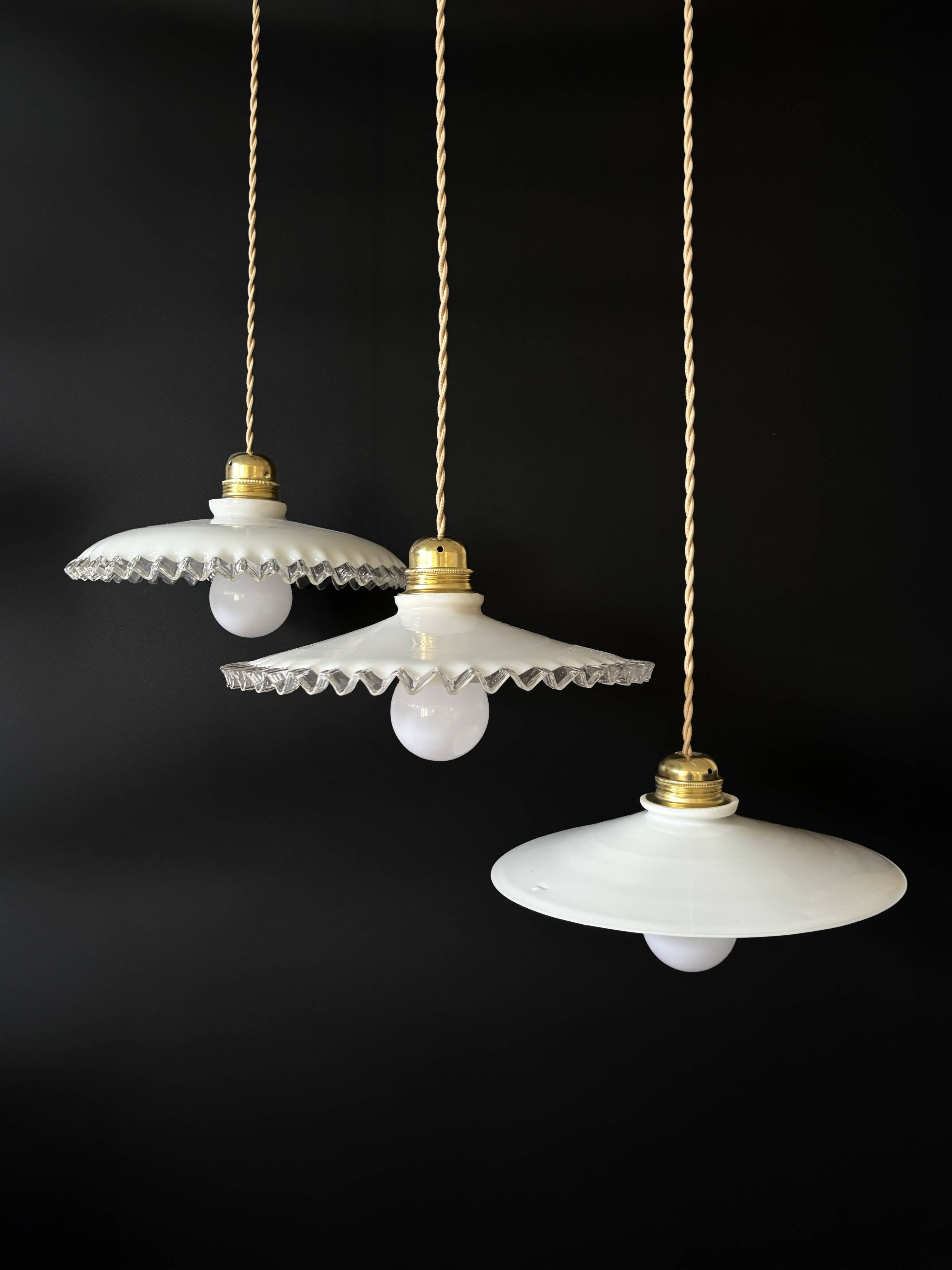 Set of 3 vintage white opaline pendants, including 2 scalloped and 1 lily.