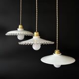 Set of 3 vintage white opaline pendants, including 2 scalloped and 1 lily.