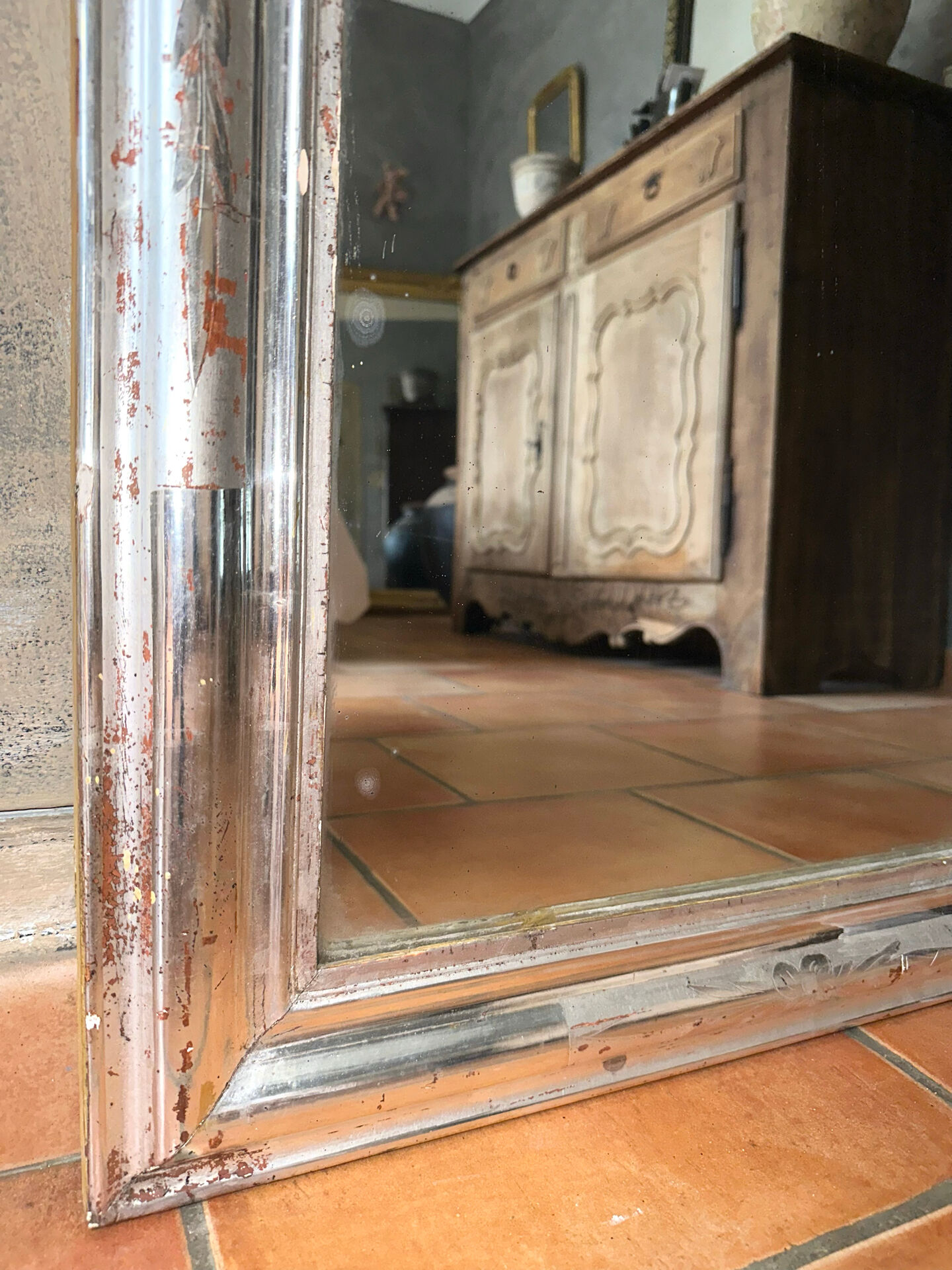 Miroir Louis-Philippe ancien en feuille d’argent, XIXème