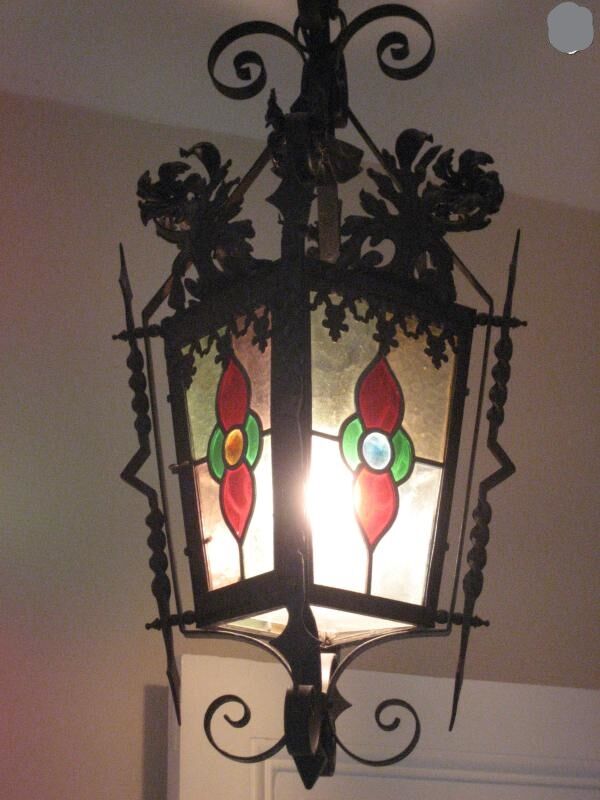 Ancient wrought iron lantern stained glass windows 19th