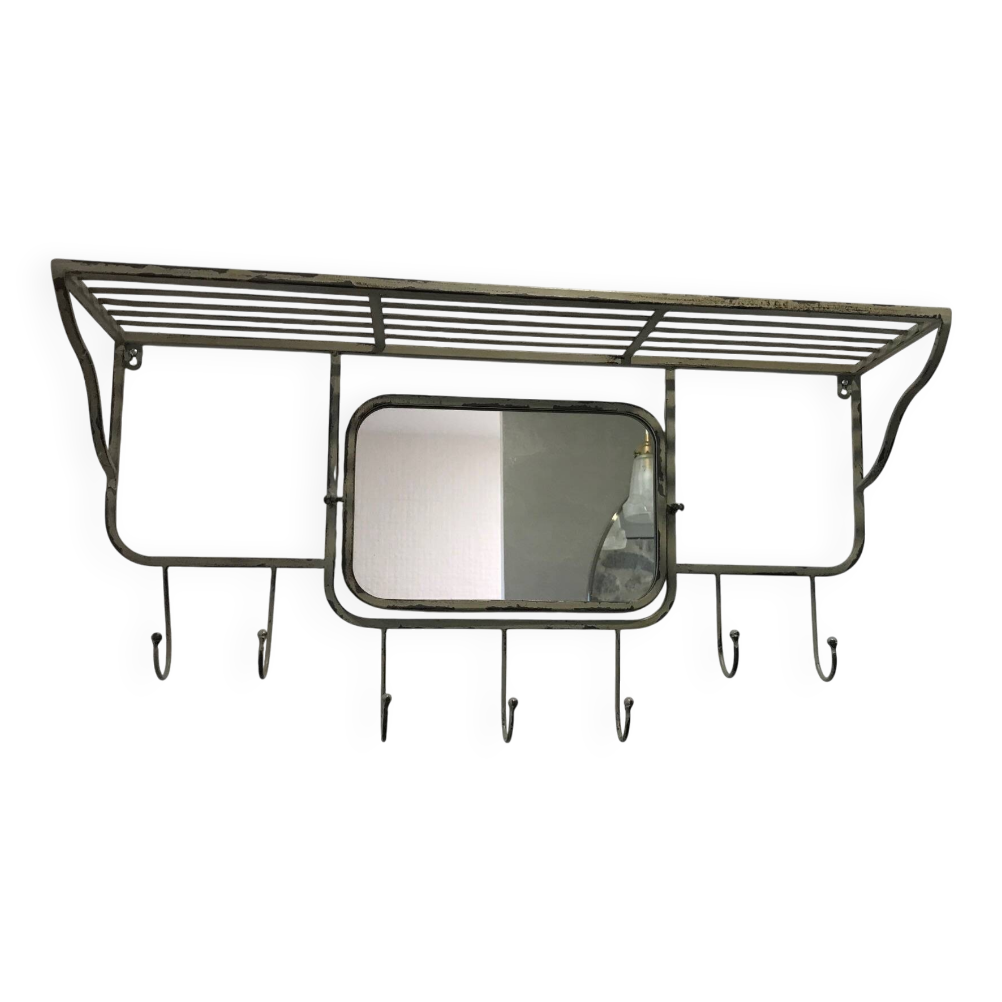 Gray-green patinated metal hat rack