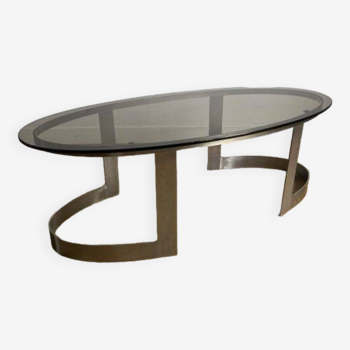 Vintage alu and smoked glass oval coffee table