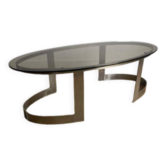 Vintage alu and smoked glass oval coffee table