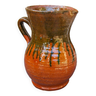 Terracotta Stoneware Pitcher with Elegant Green Dripping