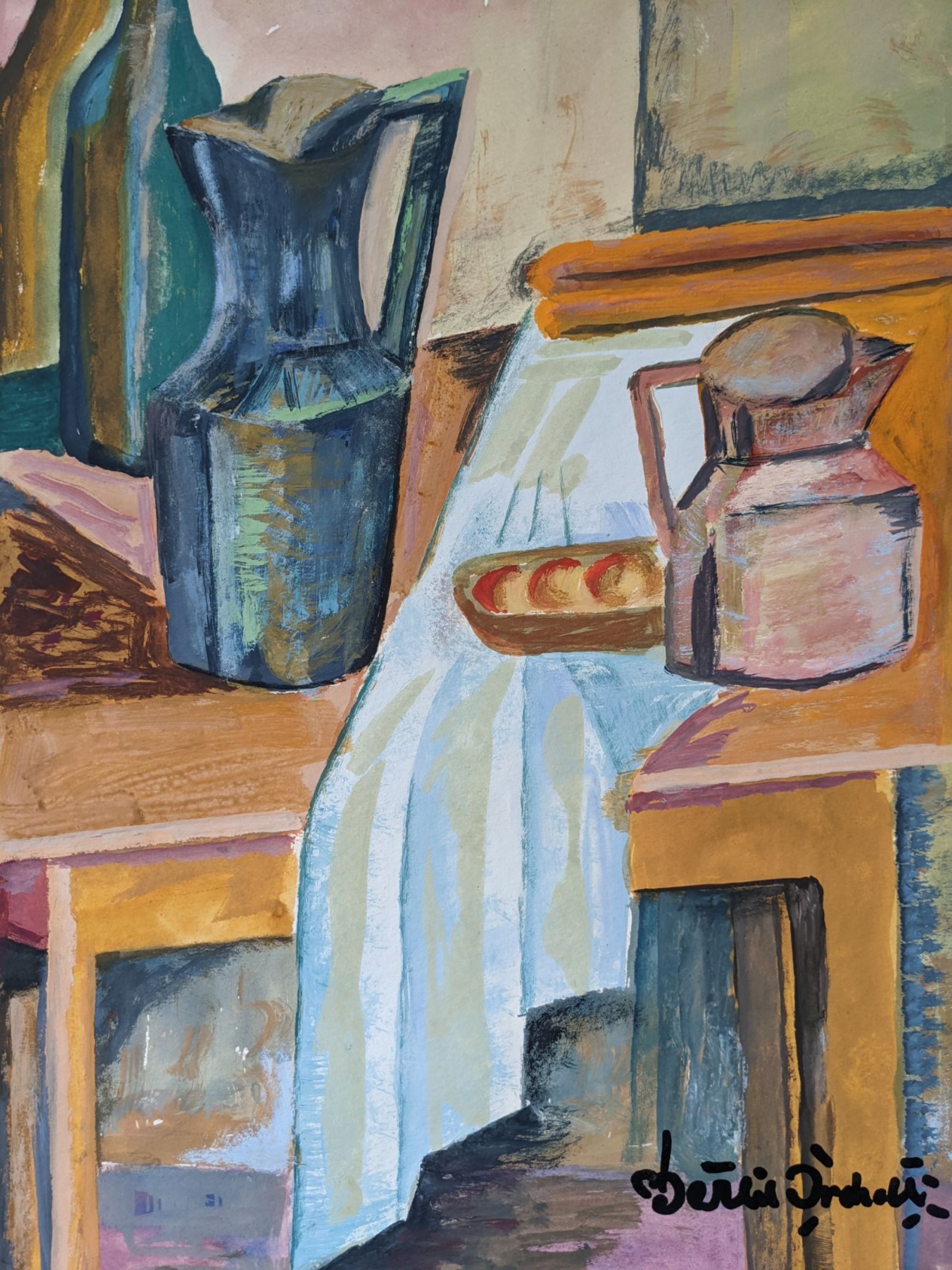 Mid-century modern swedish interior still life 'tabletop setting', vintage framed watercolour