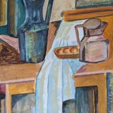 Mid-century modern swedish interior still life 'tabletop setting', vintage framed watercolour