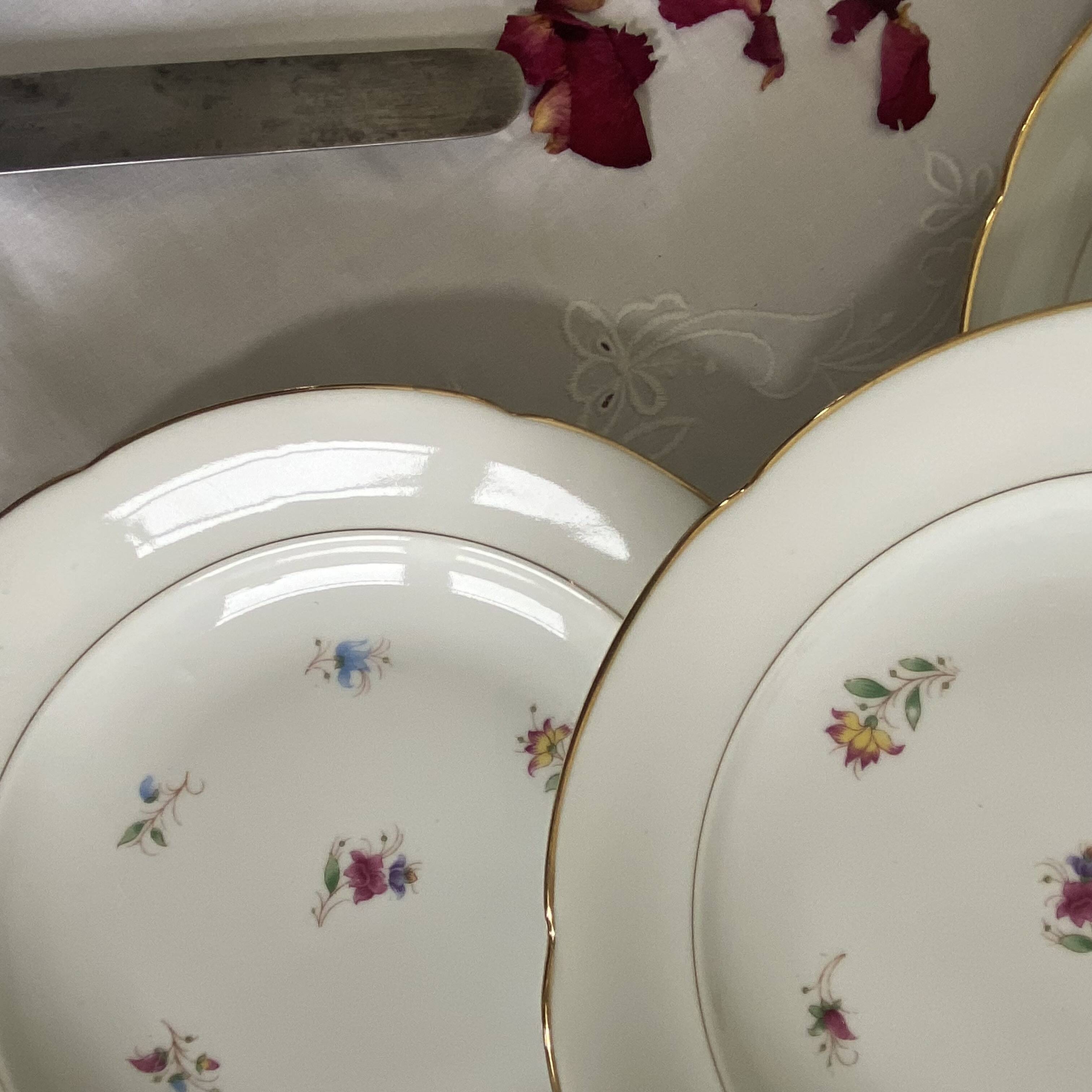 6 deep plates, antique porcelain with flowers and gilding, P L Limoges.