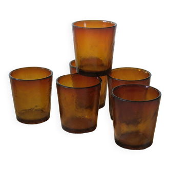 6 yellow frosted amber glass water glasses in very good condition