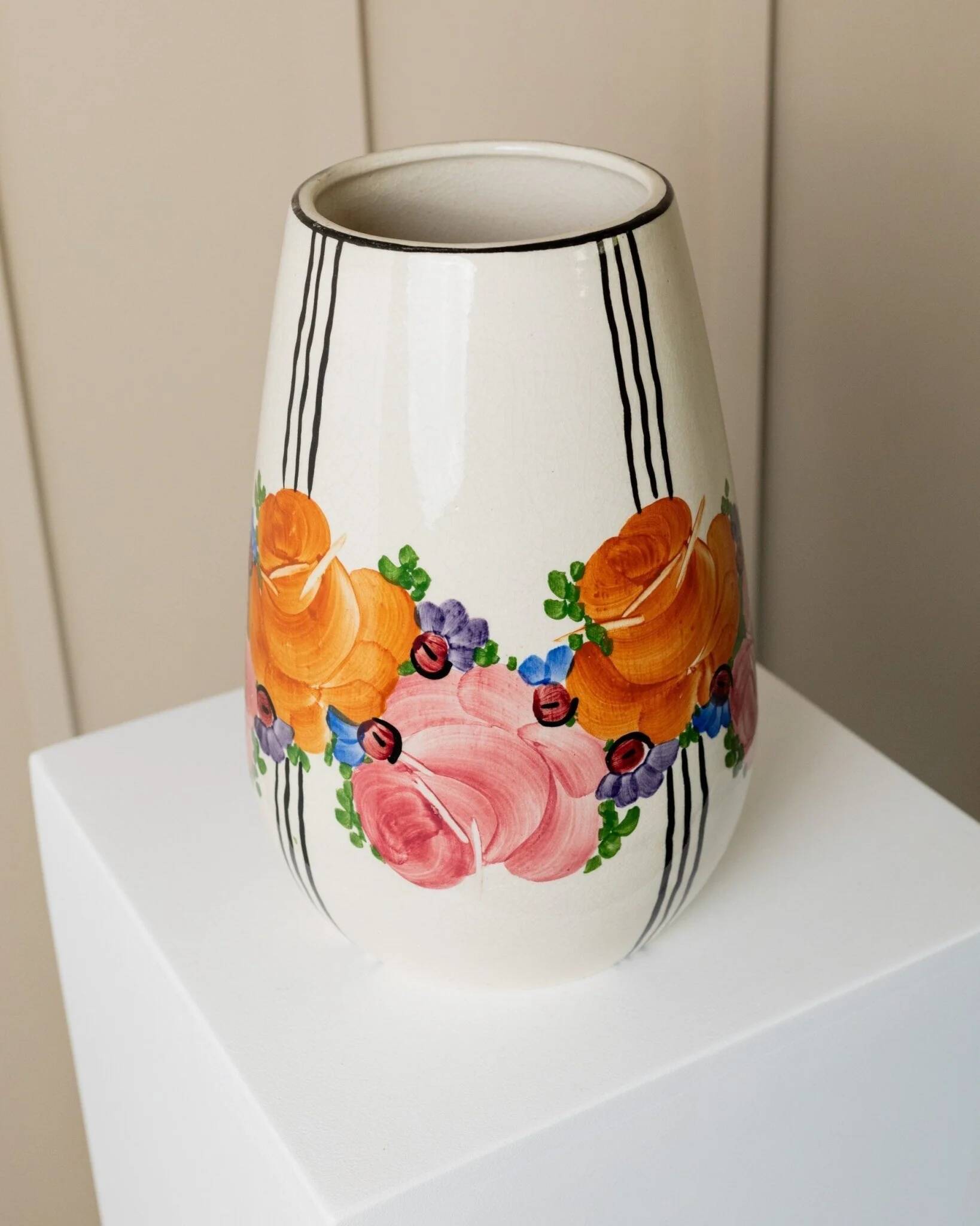 Cream Ceramic Vase by Zeh Scherzer - Hand-Painted Bulbous Mid-Century Floral Stripe, 1970s