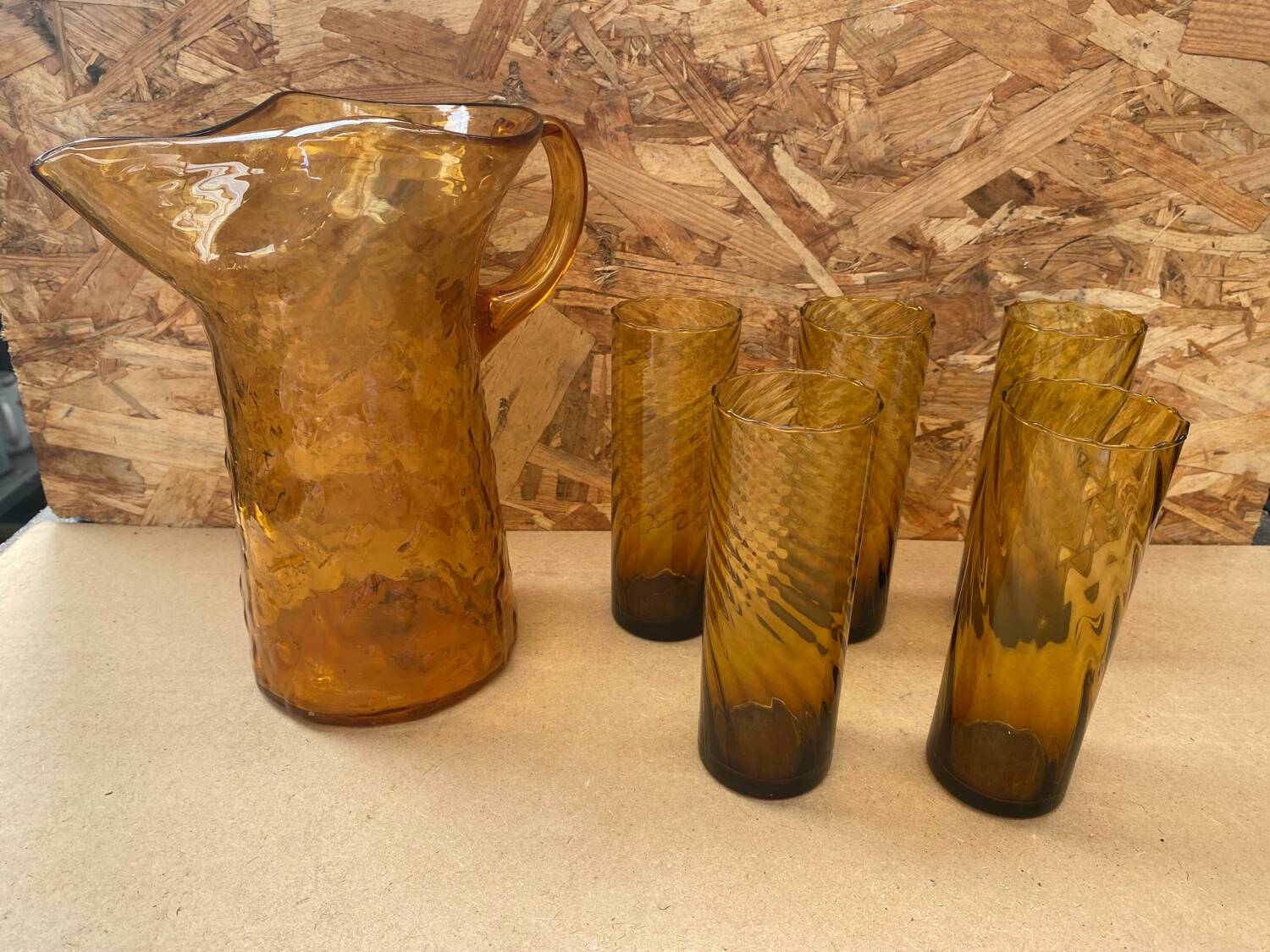 Orangeade carafe service + 5 vintage orange blown glass glasses