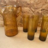 Ancien service a orangeade carafe + 5 verres verre soufflé orange vintage