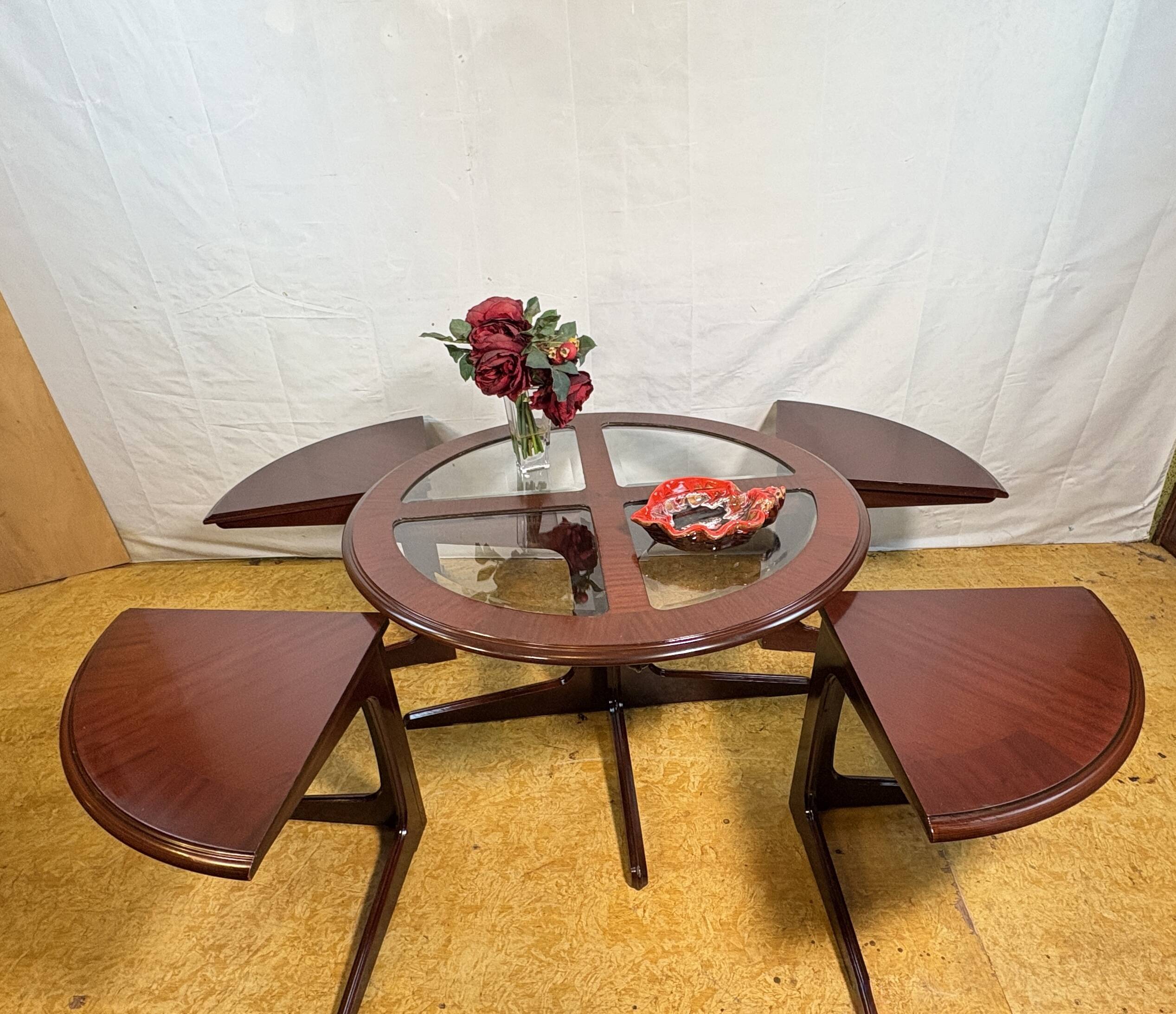 Vintage G-Plan Round Coffee Table & 4 Nested Stools | 1970s | Mahogany & Gl