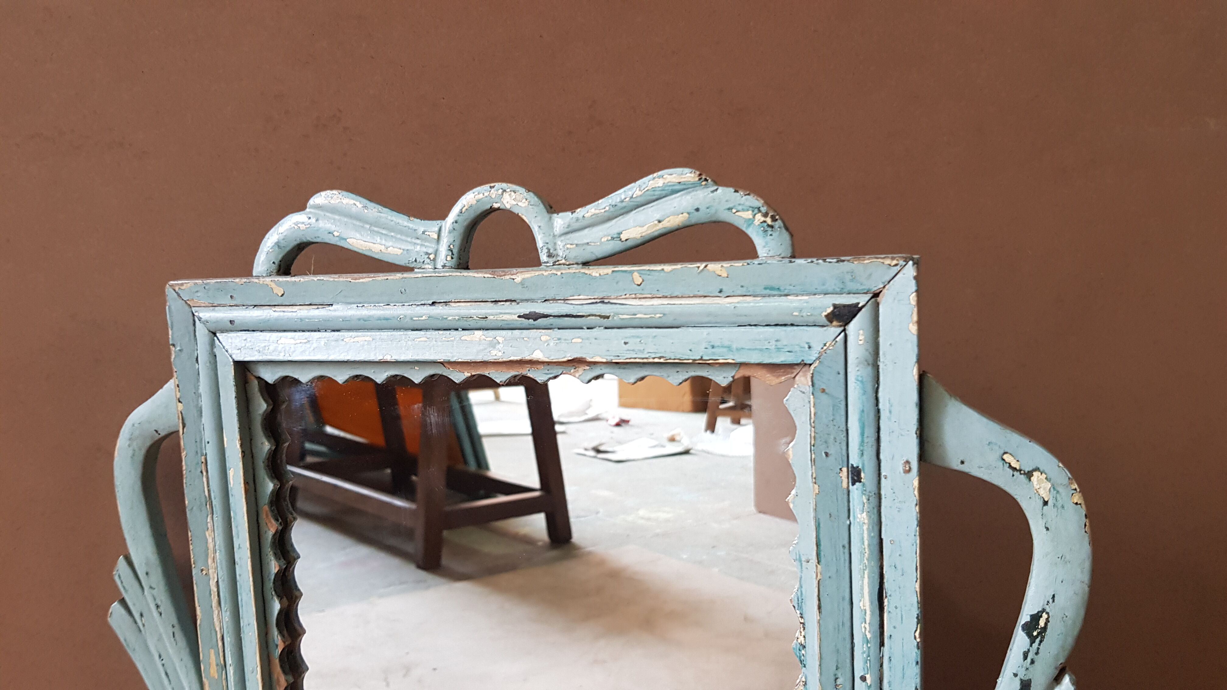 Mirror - Burmese Teak Art Deco wall shelf with original blue patina