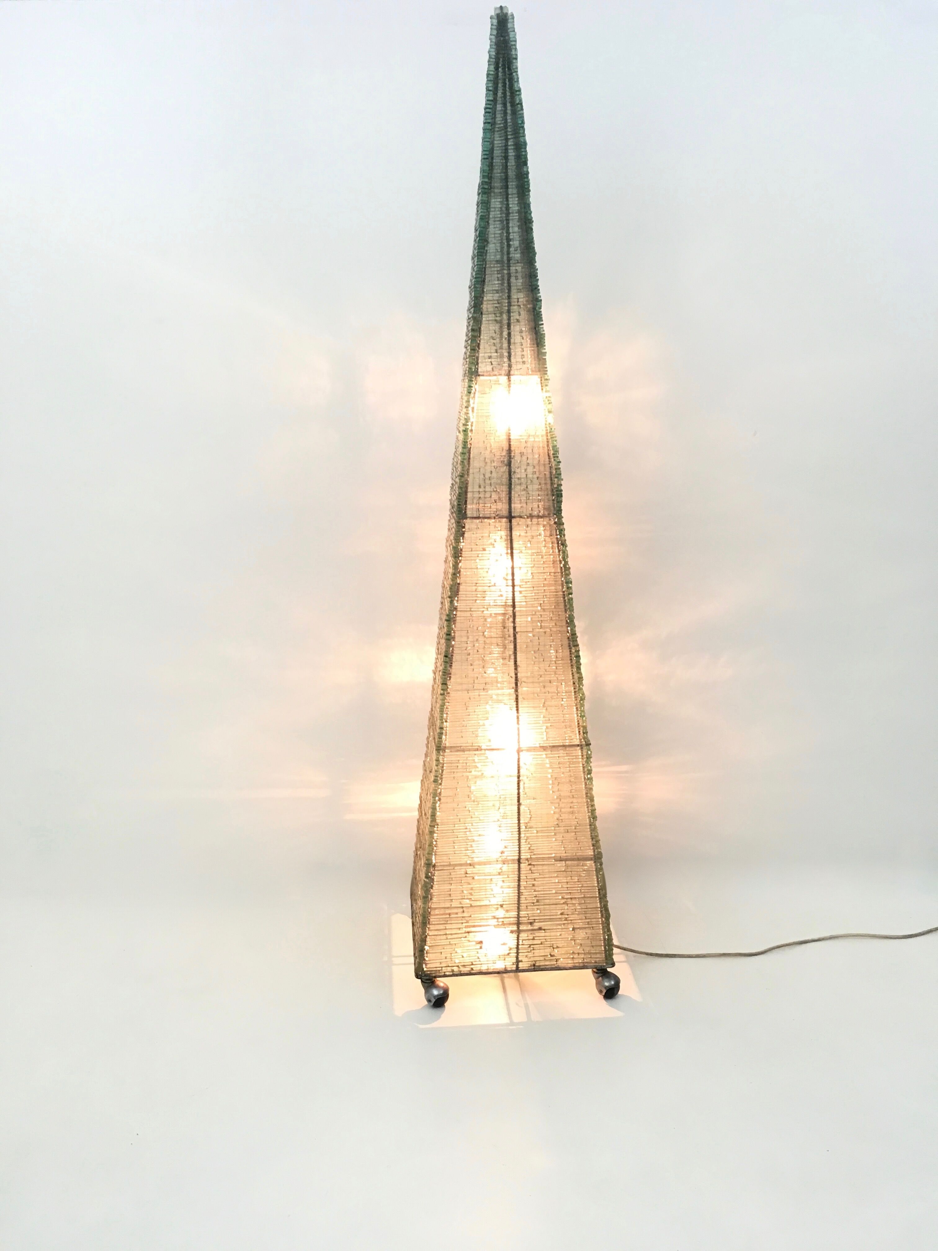 Vintage pyramid floor lamp with green glass beads , italy 1980s