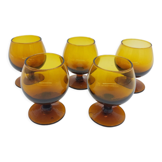 Set of 5 amber cognac glasses