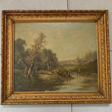 Henri Catrou (XIXth-XXth). Landscape. Oil on canvas signed lower left. 45,5x54cm. Golden frame.