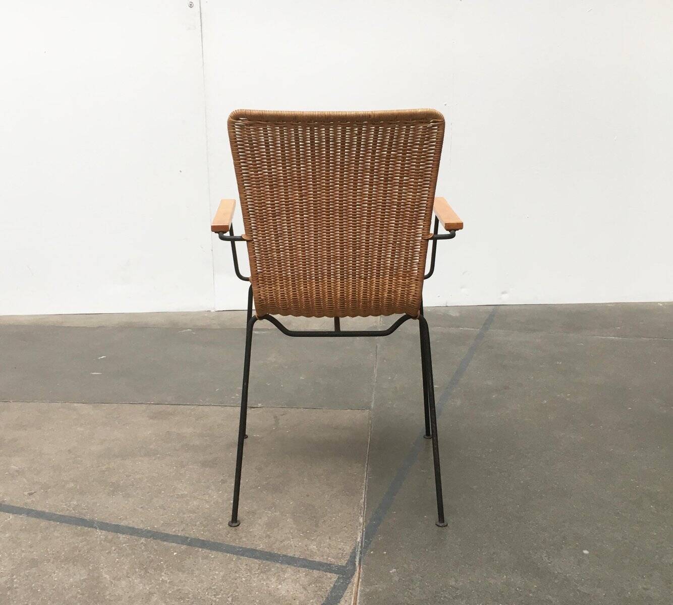 Mid-century metal and rattan dining chairs, set of 3.