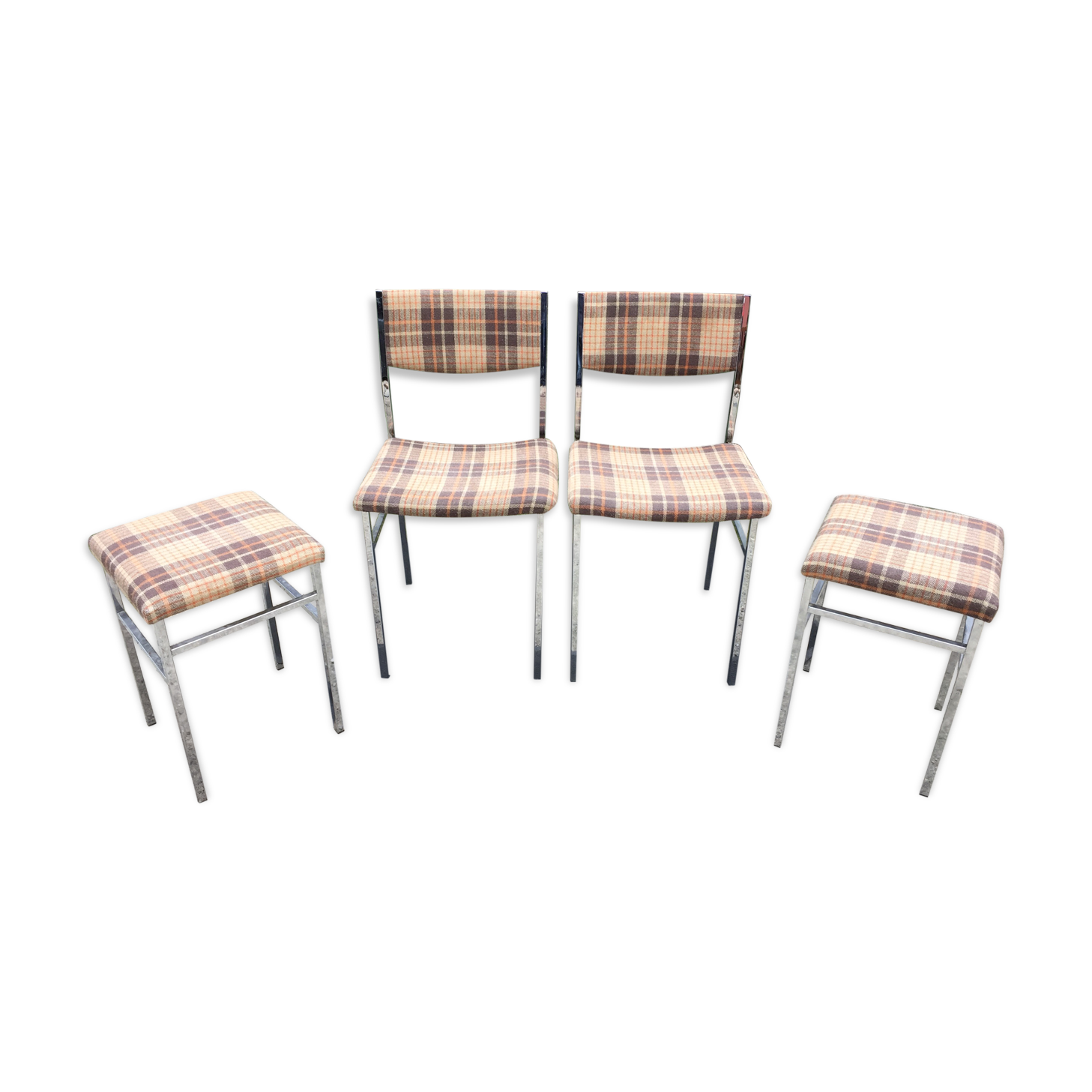 Vintage chairs and stools with chrome-plated square tubular metal base.