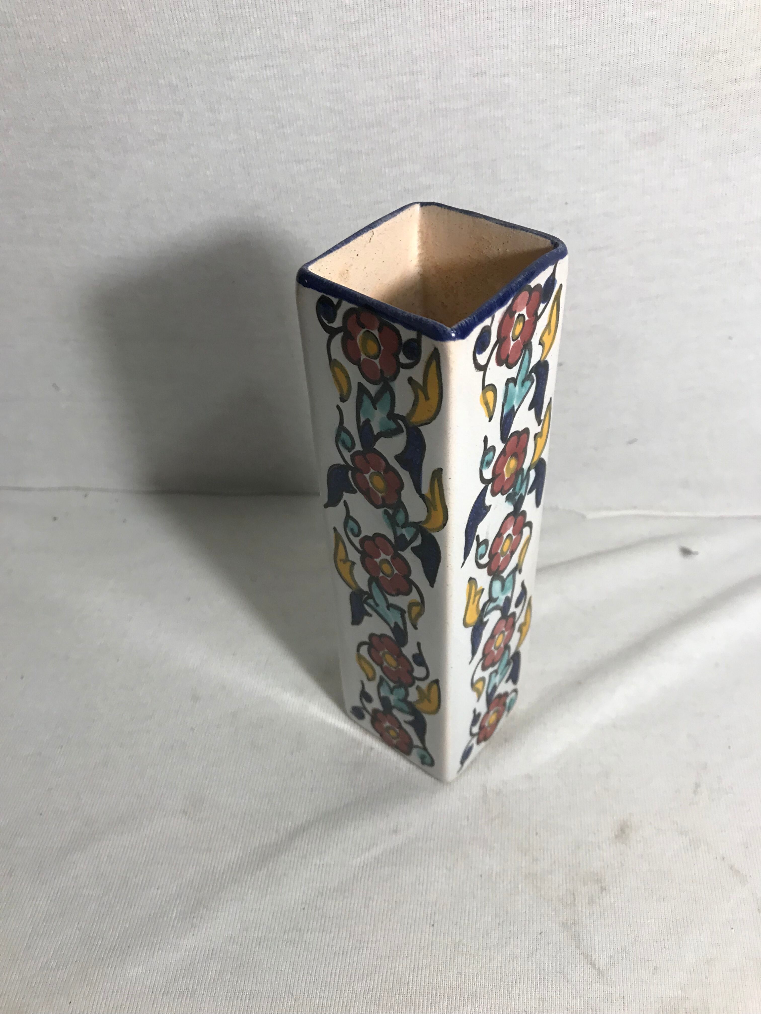Square old glazed ceramic vase design flowers vintage