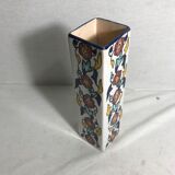 Vase carré ancien céramique émaillée dessin fleurs vintage