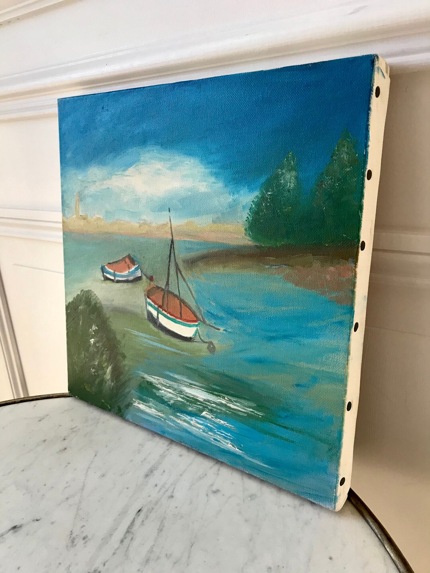 Oil painting on canvas landscape sea and vintage sailboats