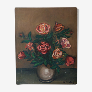 Old painting on plate still life vintage flowers