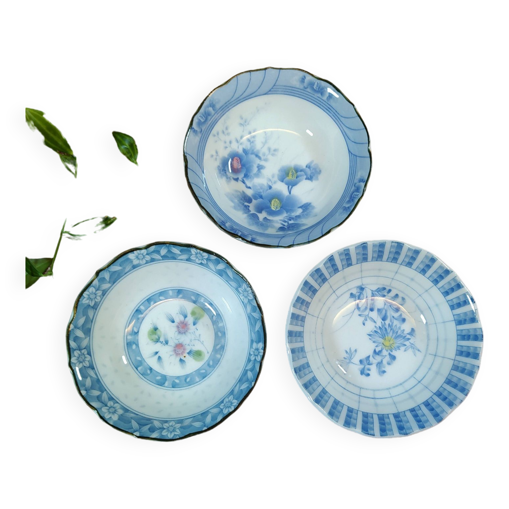 Trio of Ceramic Bowls with Japanese Patterns