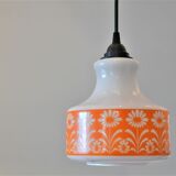 Seventies chandelier in white opaline decorating orange flowers